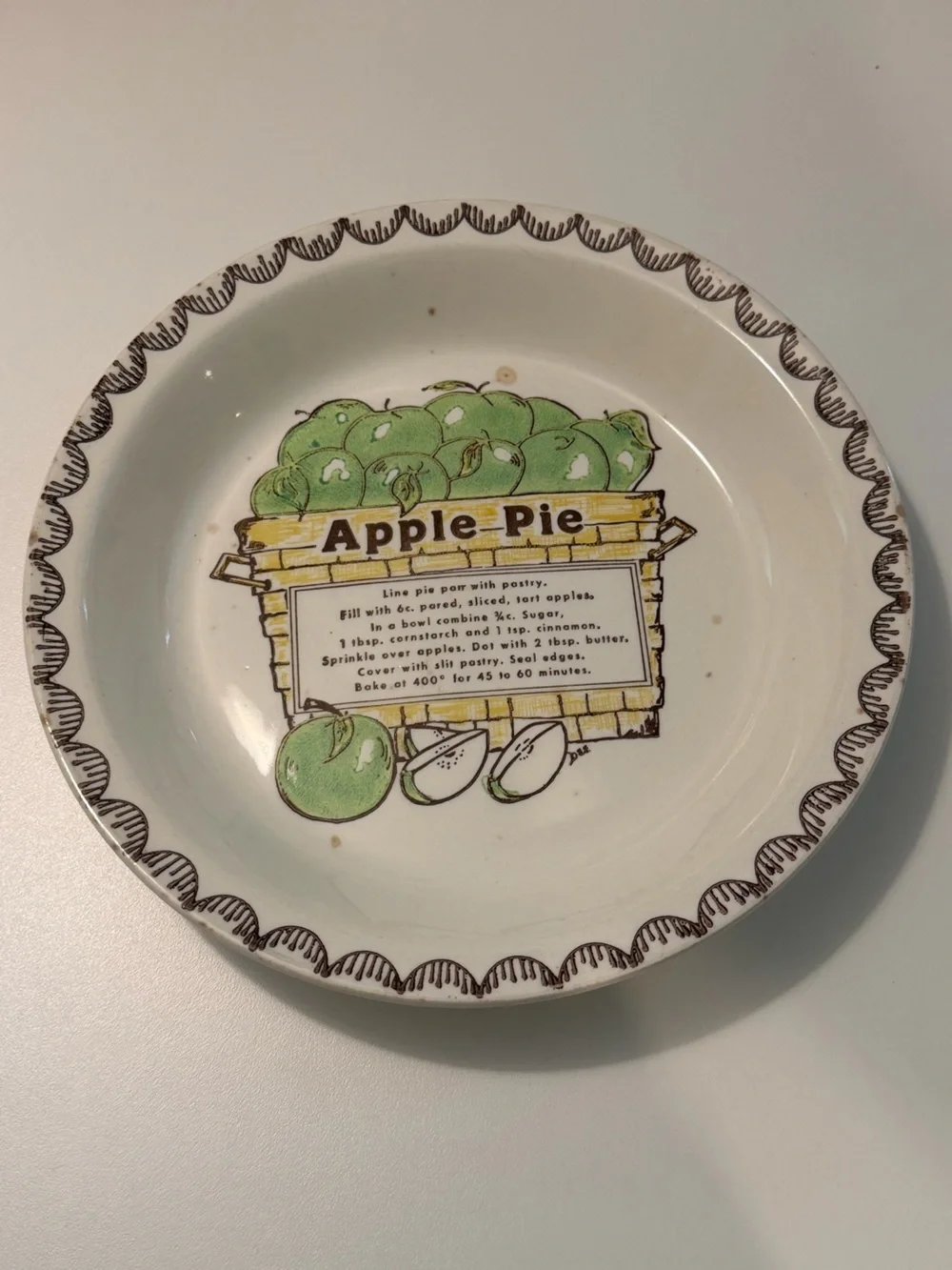 Vtg 1980s Apple Pie Recipe Plate Retro FarmhouseGreen Apple Ceramic Baking Dish